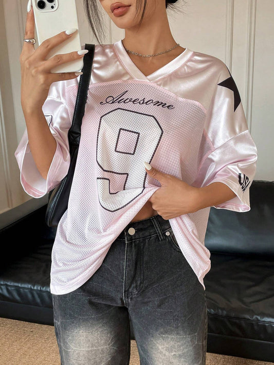 EZwear Oversized Boyfriend Style Print Letter & Star Satin Basketball Jersey Tee