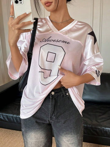 EZwear Oversized Boyfriend Style Print Letter & Star Satin Basketball Jersey Tee