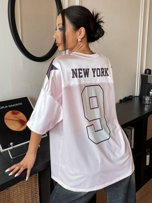 EZwear Oversized Boyfriend Style Print Letter & Star Satin Basketball Jersey Tee