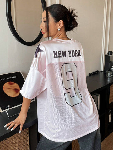 EZwear Oversized Boyfriend Style Print Letter & Star Satin Basketball Jersey Tee