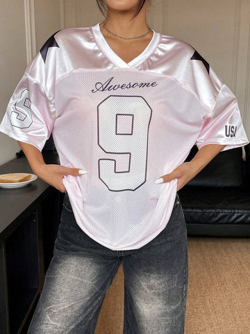 EZwear Oversized Boyfriend Style Print Letter & Star Satin Basketball Jersey Tee