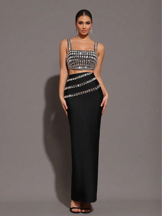 Modphy 2pcs/Set 2024 New Sparkling Rhinestones Spaghetti Strap Tank Top  Skirt