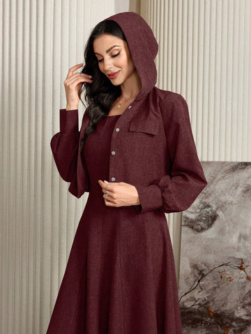 Mulvari Burgundy Red 2pcs Women's Solid Color Flare Hem Dress And Lantern Sleeve Hooded Jacket Set