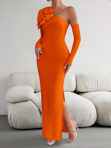 Priv� Women 3D Floral Decor Asymmetric Neckline Long Sleeve Slim Fit Elegant Dress