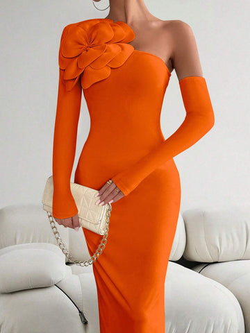 Priv� Women 3D Floral Decor Asymmetric Neckline Long Sleeve Slim Fit Elegant Dress