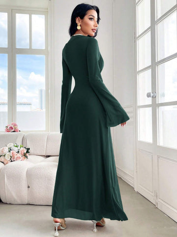 Modely Women's Solid Color Crew Neck Long Sleeve Twist Waist Maxi Elegant Dress