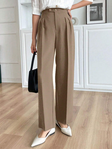 DAZY Women's Solid Color Pleated Straight Leg Casual Business Pants