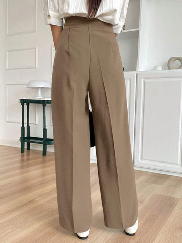 DAZY Women's Solid Color Pleated Straight Leg Casual Business Pants