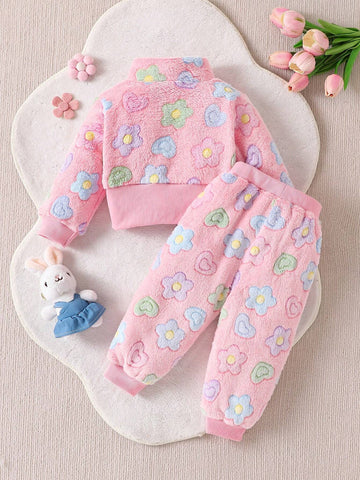 2pcs Set Baby Girls Floral Furry Zip Jacket And Furry Pants