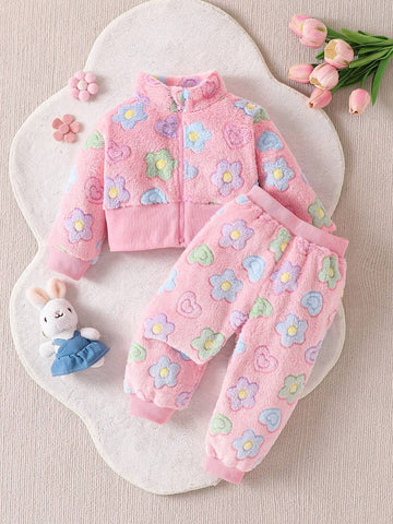 2pcs Set Baby Girls Floral Furry Zip Jacket And Furry Pants