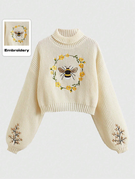 ROMWE Fairycore Women's Bee Embroidered Drop Shoulder Half Turtleneck Sweater