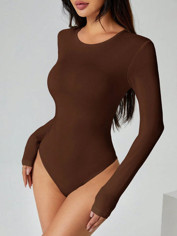 PETITE Solid Long Sleeve Slim Fit White T-Shirt Bodysuit