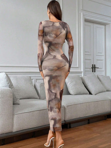 Priv� Women's Tie Dye Printed Long Sleeve Long Maxi Bodycon Elegant Dress