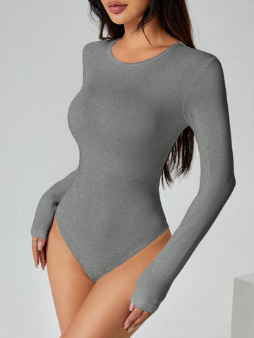 PETITE Solid Long Sleeve Slim Fit White T-Shirt Bodysuit