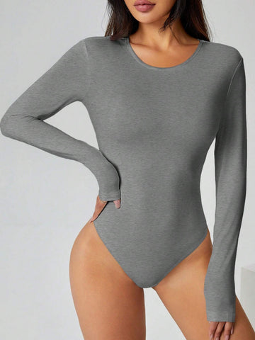 PETITE Solid Long Sleeve Slim Fit White T-Shirt Bodysuit