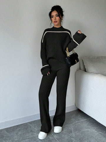 Essnce Stand Collar Color Block Trim Long Sleeve Sweater Top And Long Pants 2 Piece Set