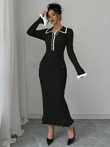 Elegant Charming Modest Collared Colorblock Sweater Dress