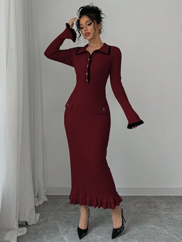 Elegant Charming Modest Collared Colorblock Sweater Dress