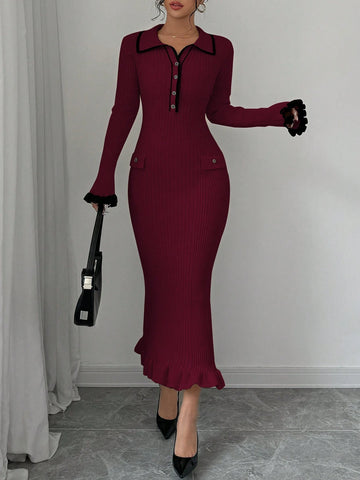 Elegant Charming Modest Collared Colorblock Sweater Dress