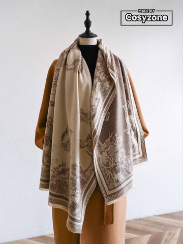 1pc Women's Double Sided Faux Cashmere Plant Jacquard Warm Scarf Shawl