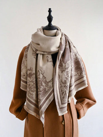 1pc Women's Double Sided Faux Cashmere Plant Jacquard Warm Scarf Shawl