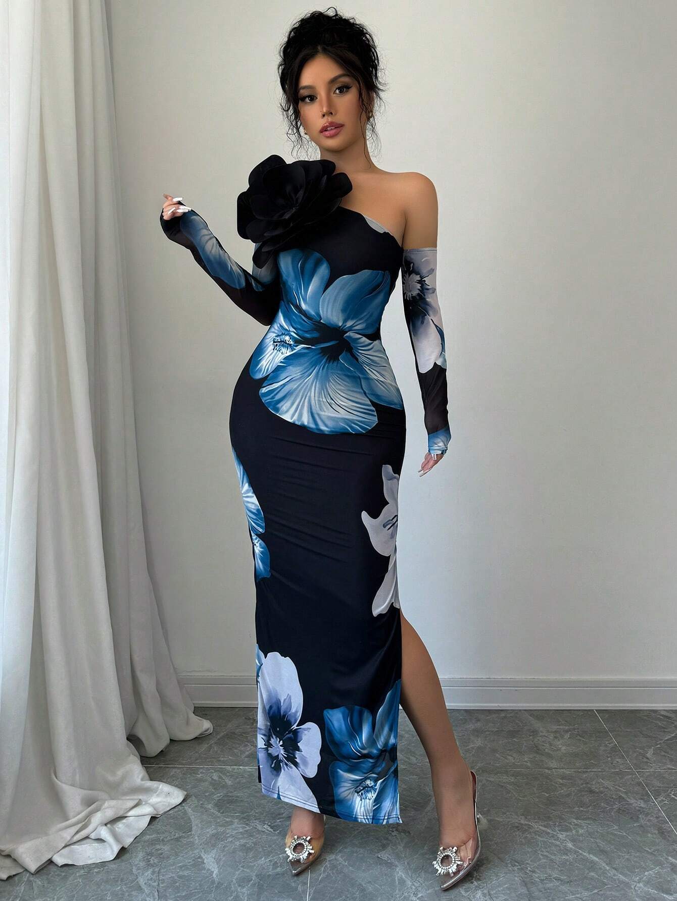 Priv� Women 3D Floral Decor Asymmetric Neckline Long Sleeve Slim Fit Elegant Dress