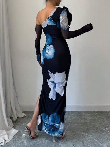 Priv� Women 3D Floral Decor Asymmetric Neckline Long Sleeve Slim Fit Elegant Dress