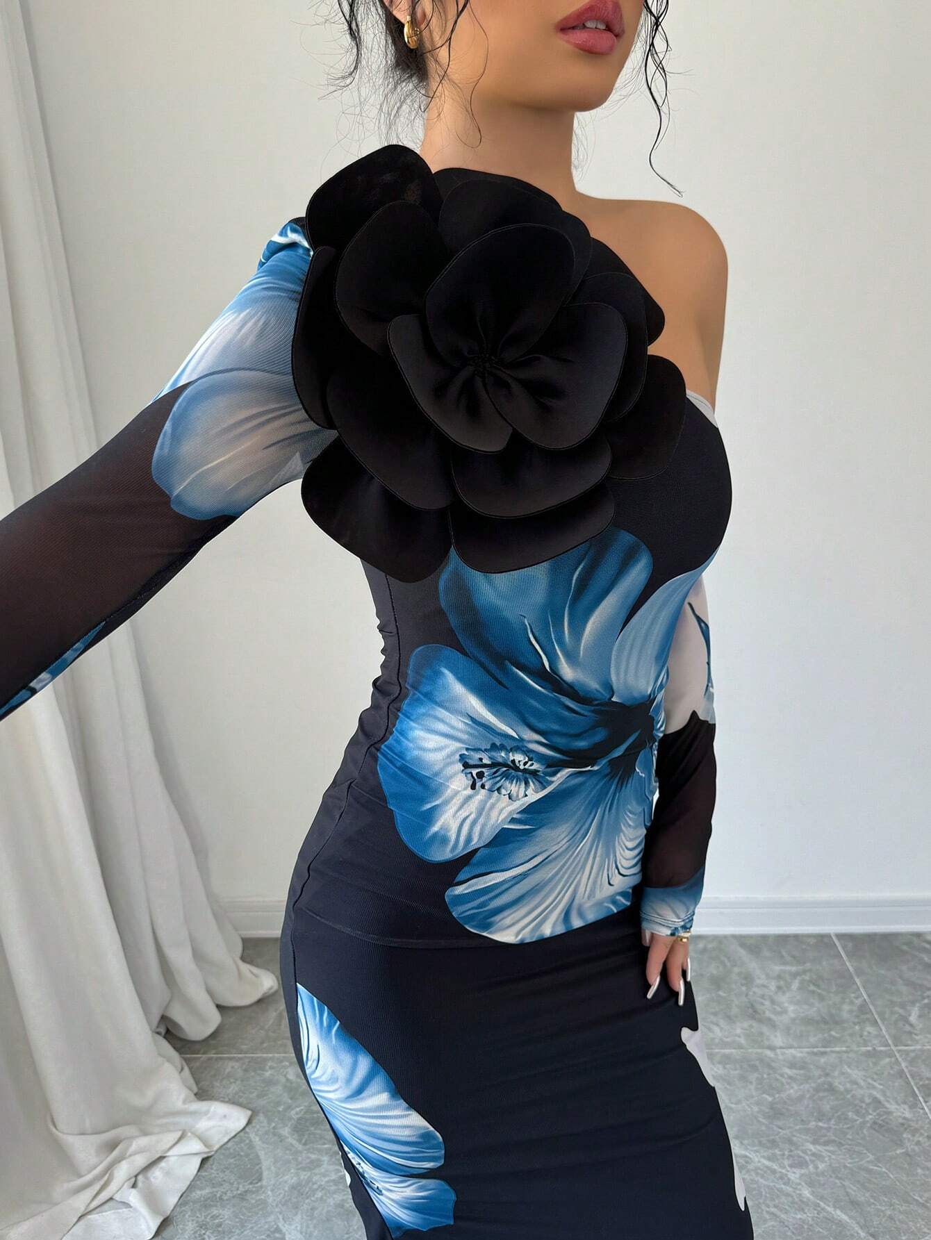 Priv� Women 3D Floral Decor Asymmetric Neckline Long Sleeve Slim Fit Elegant Dress