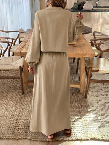 Frenchy Textured Fabric Front Knot Long Sleeve Shirt And Skirt Set