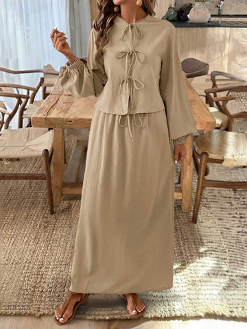 Frenchy Textured Fabric Front Knot Long Sleeve Shirt And Skirt Set