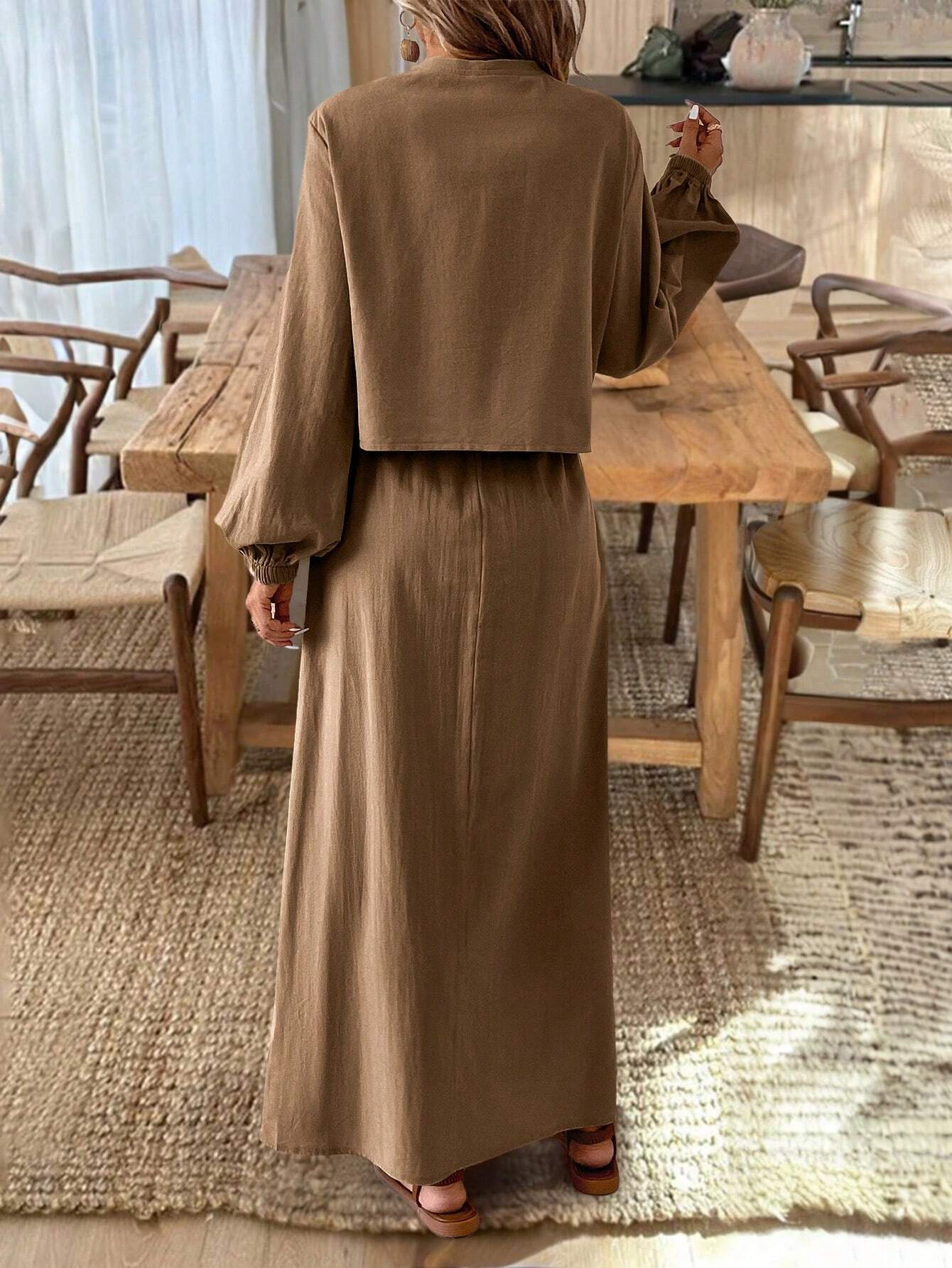 Frenchy Textured Fabric Front Knot Long Sleeve Shirt And Skirt Set