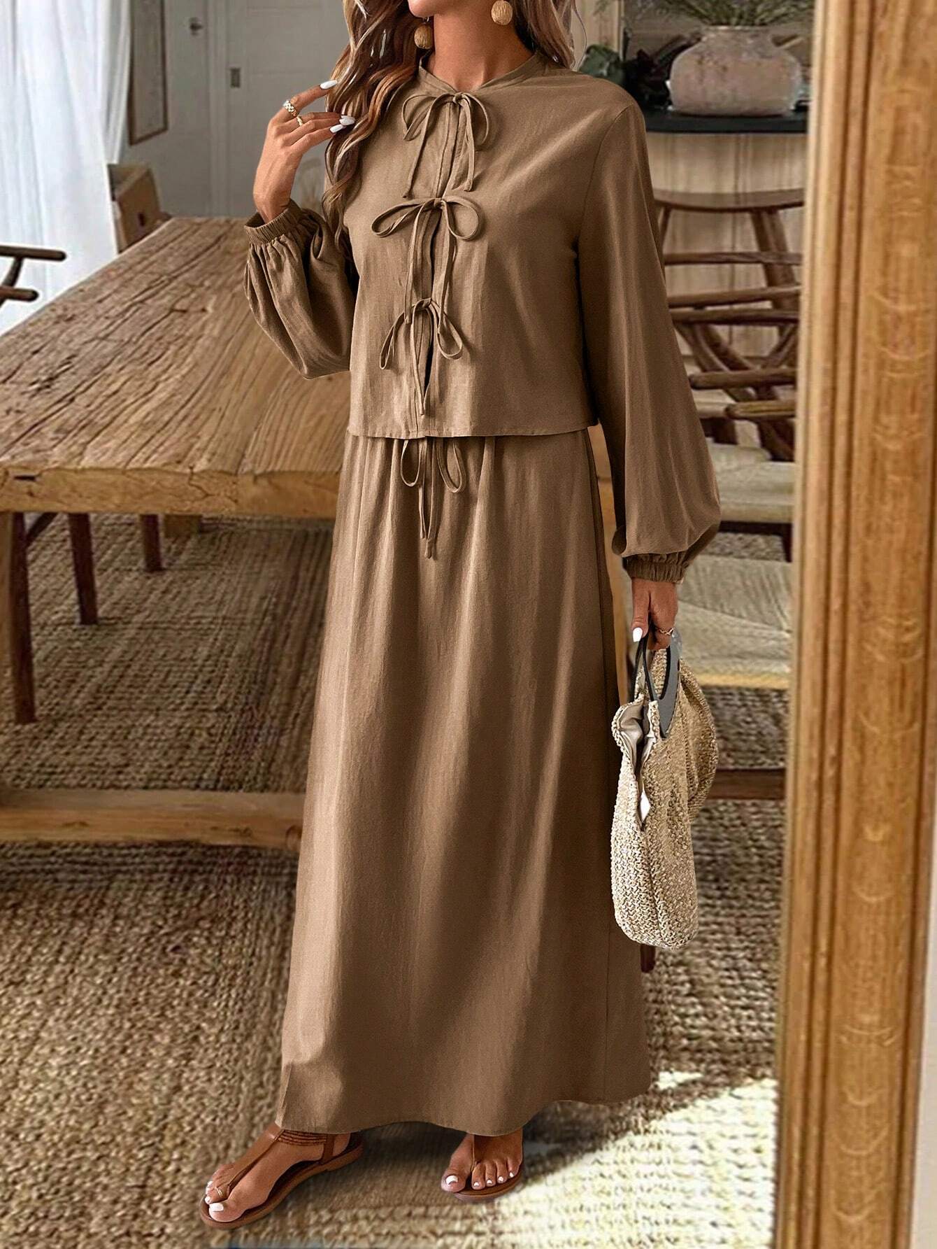 Frenchy Textured Fabric Front Knot Long Sleeve Shirt And Skirt Set