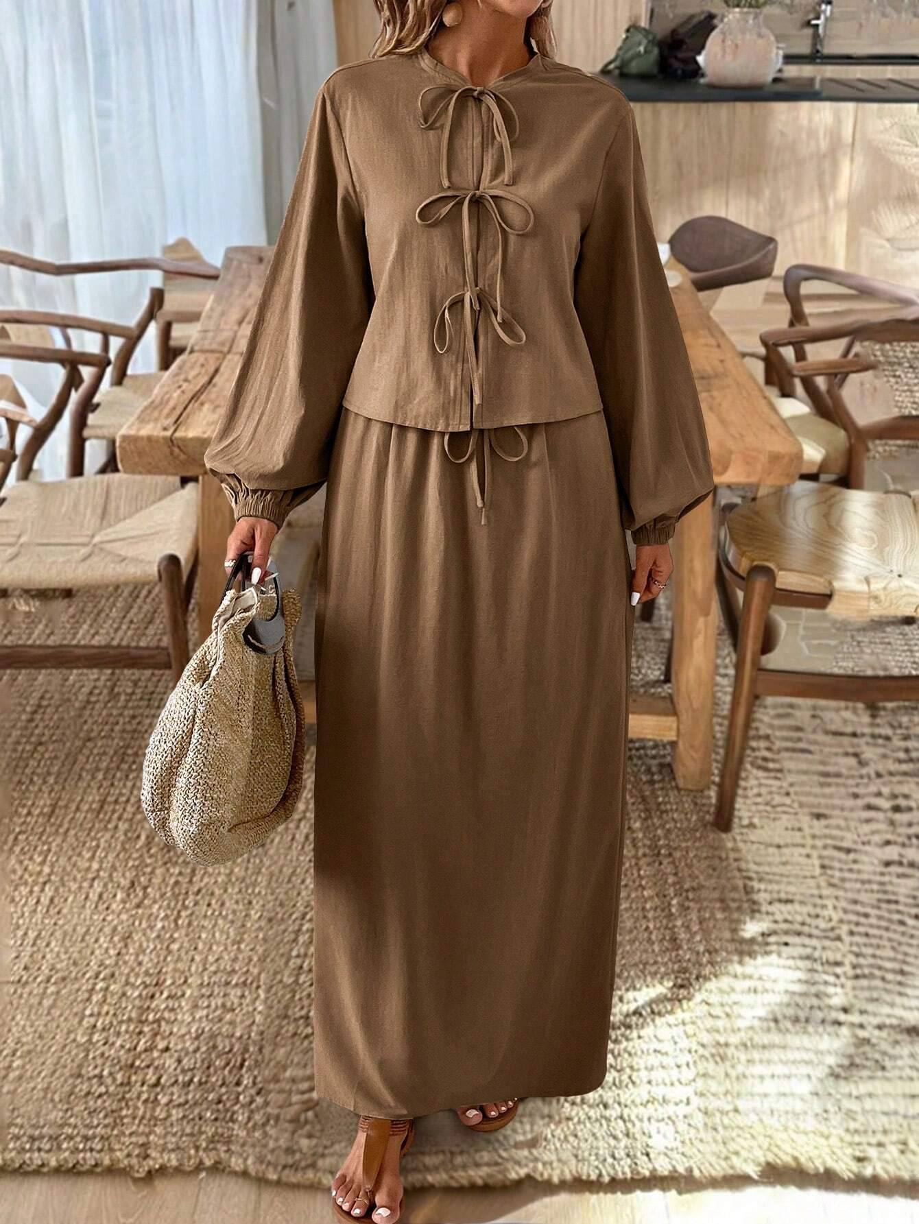 Frenchy Textured Fabric Front Knot Long Sleeve Shirt And Skirt Set