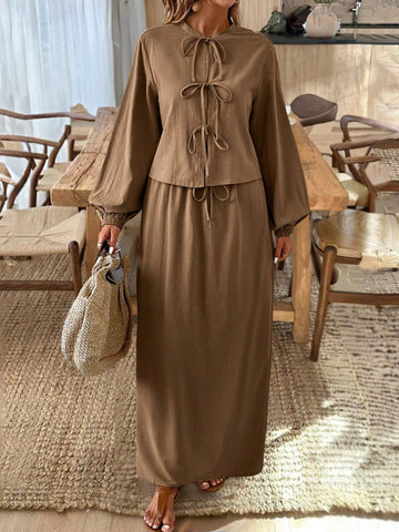 Frenchy Textured Fabric Front Knot Long Sleeve Shirt And Skirt Set