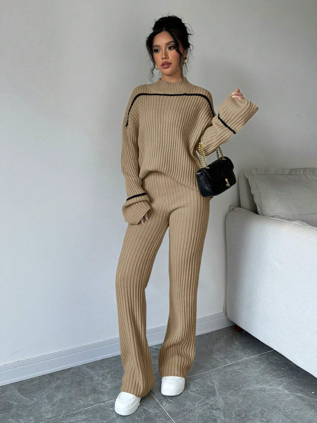 Essnce Stand Collar Color Block Trim Long Sleeve Sweater Top And Long Pants 2 Piece Set