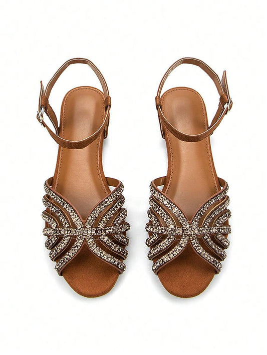 Women Glitter Rhinestone Hollow-Out Decor Suede Fashionable Peep Toe Ankle Strap Flats