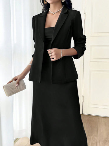 Modely Ladies' Solid Color Simple Daily Wear Suit With Long Sleeve Jacket And Dress