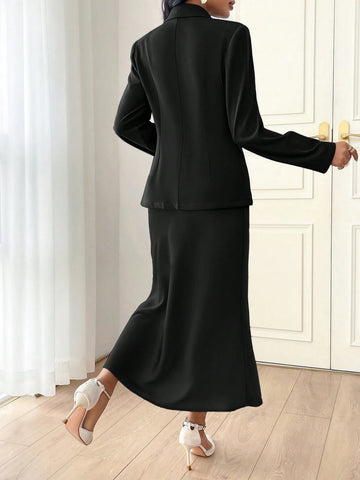 Modely Ladies' Solid Color Simple Daily Wear Suit With Long Sleeve Jacket And Dress