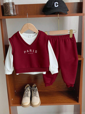 3pcs Set Baby Boy/Girl Letter Print Crew Neck Short Sleeve Top And Solid Color Pants