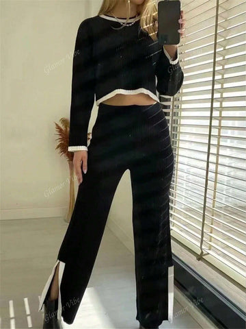 Women's Casual Chic Short Sleeve Contrast Color Side Slit Knit Suit