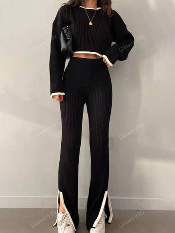 Women's Casual Chic Short Sleeve Contrast Color Side Slit Knit Suit