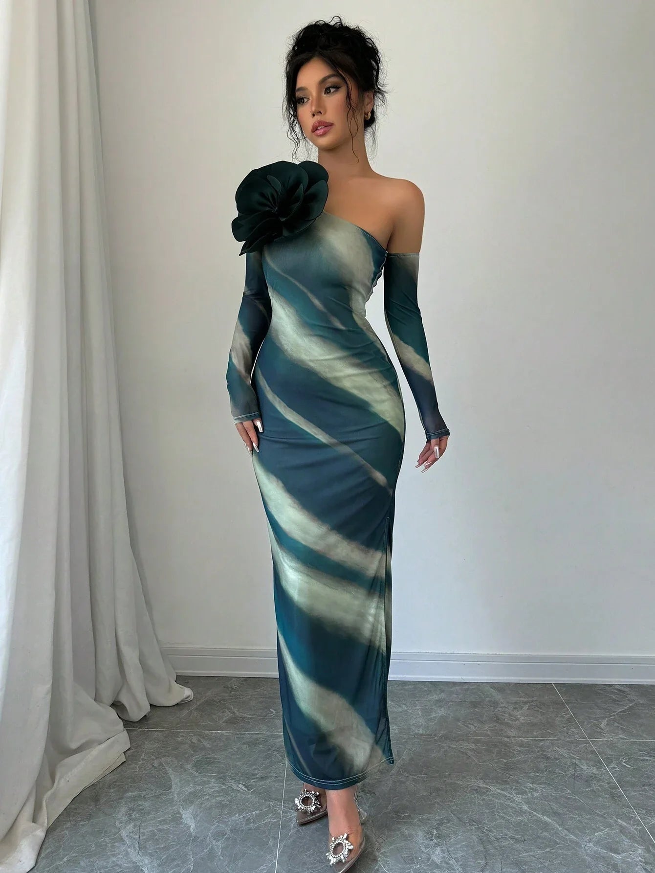 Priv� Women 3D Floral Decor Asymmetric Neckline Long Sleeve Slim Fit Elegant Dress