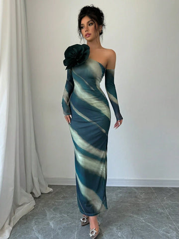 Priv� Women 3D Floral Decor Asymmetric Neckline Long Sleeve Slim Fit Elegant Dress