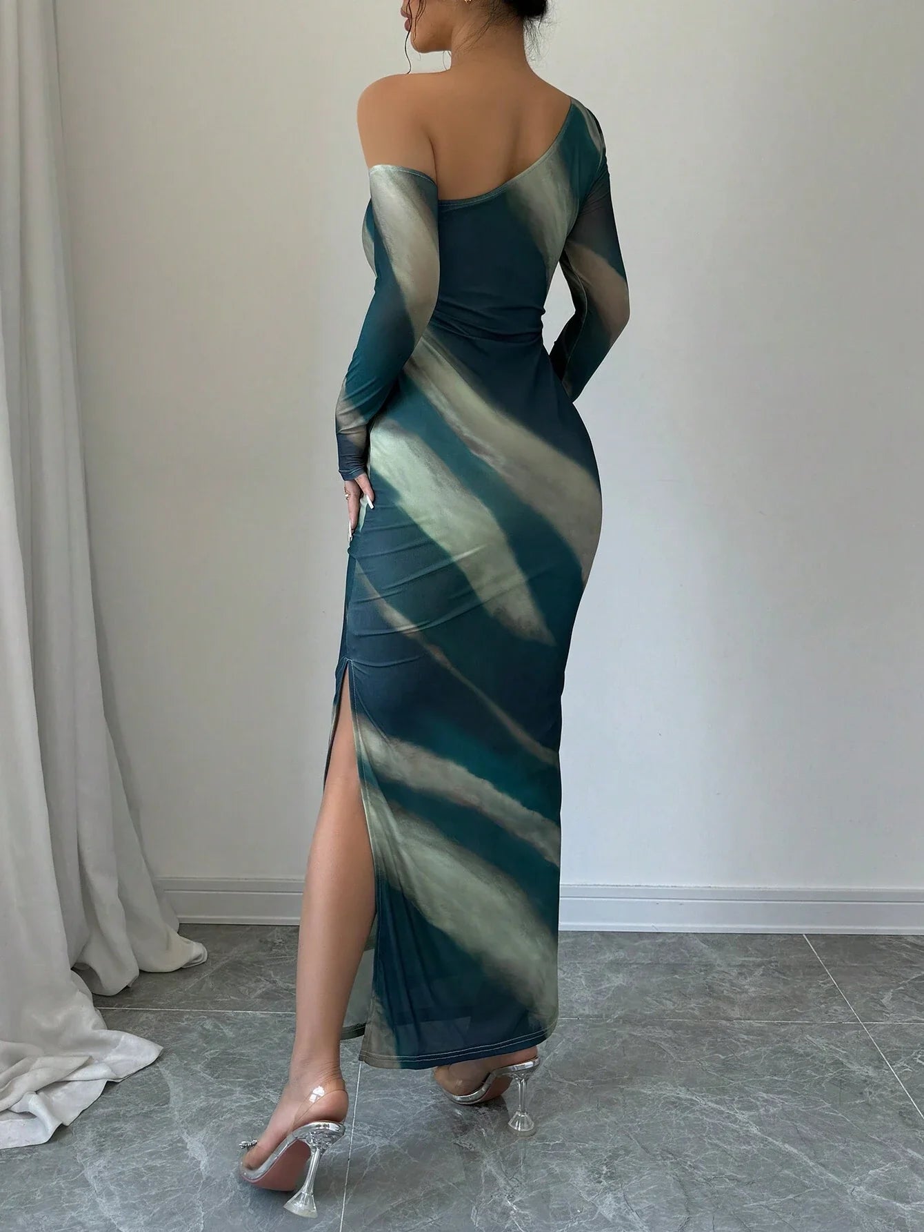 Priv� Women 3D Floral Decor Asymmetric Neckline Long Sleeve Slim Fit Elegant Dress