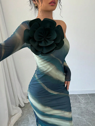 Priv� Women 3D Floral Decor Asymmetric Neckline Long Sleeve Slim Fit Elegant Dress