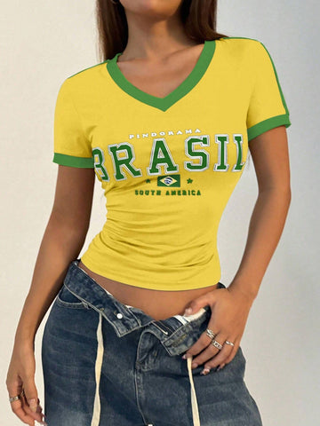 Women Casual Sports V-Neck Brazilian Color Blocking Short Sleeve T-Shirt