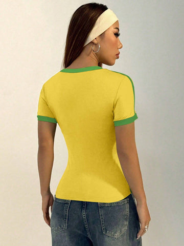 Women Casual Sports V-Neck Brazilian Color Blocking Short Sleeve T-Shirt