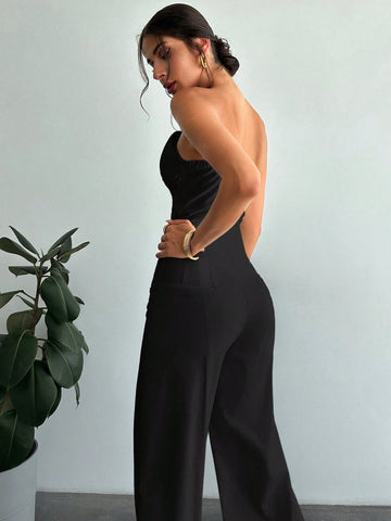 Women's Elegant Design Asymmetrical Fitted Tube Top & High Waist Faux Boned Straight Leg Pants