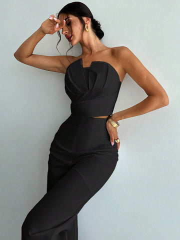 Women's Elegant Design Asymmetrical Fitted Tube Top & High Waist Faux Boned Straight Leg Pants