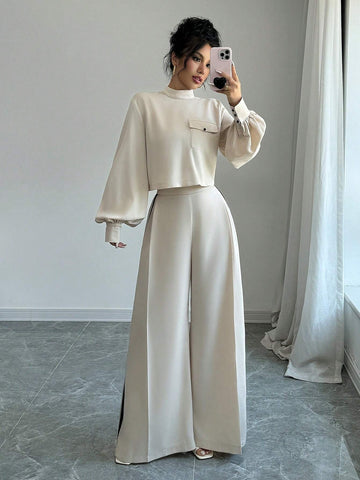 Elenzya Women Solid Lantern Sleeve Top And Wide Leg Pants Casual Loose Suit Set